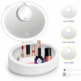 Specchio Da Trucco LED Portatile 1X/10X Con Organizer, 3 Modalità Di Luce
