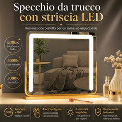 Specchio Da Trucco Grande 50*42cm Con Striscia LED, 3 Modalità Di Colore, Touch Intelligente, Luminosità Regolabile, Spina EU