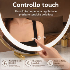 Specchio Cosmetico LED Rotondo da 50 cm/20" per Tavolo da Camera, Touch Intelligente, 3 Modalità di Luce, Luminosità Regolabile, Rotazione a 360°, Spina EU