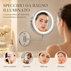 1X/10X Specchio per Trucco da Parete, 8" Specchio Cosmetico Bifacciale per Bagno, Girevole a 360° Estensibile, USB Ricaricabil