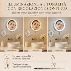 1X/10X Specchio per Trucco da Parete, 8" Specchio Cosmetico Bifacciale per Bagno, Girevole a 360° Estensibile, USB Ricaricabil