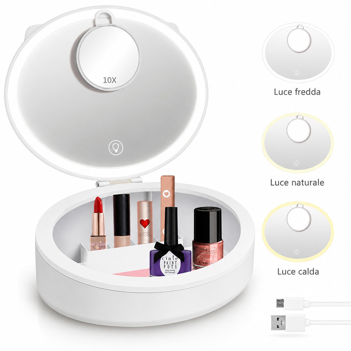 Specchio Da Trucco LED Portatile 1X/10X Con Organizer, 3 Modalità Di Luce