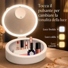 Specchio Da Trucco LED Portatile 1X/10X Con Organizer, 3 Modalità Di Luce