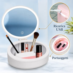 Specchio Da Trucco LED Portatile 1X/10X Con Organizer, 3 Modalità Di Luce