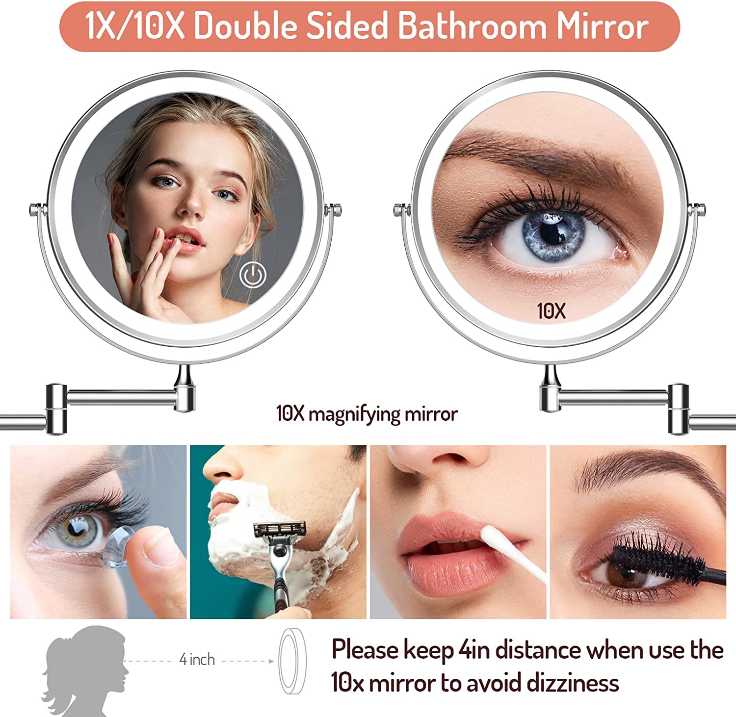 1x/10x Specchio per Trucco LED con Luci, 8 Specchio Cosmetico Bifacci –  FREYARA Italia