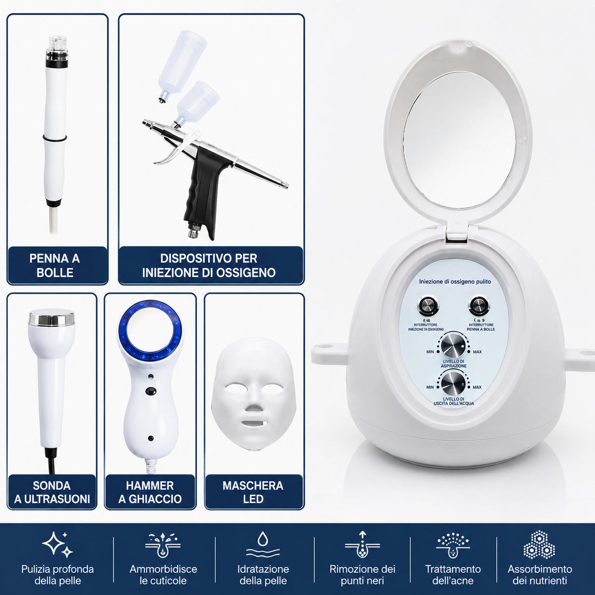 HOBA - FacialClean 5in1, Dispositivo Professionale per la Pulizia Profonda dei Pori con Microbolle, Idratazione, Rimozione Punti Neri e Infusione di Siero, Gestione Completa della Pelle, Risultati Spa a Casa