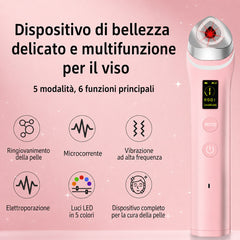Dispositivo Viso 6 in 1 EMS LED ed Elettroporazione per Lifting, Rughe, Acne e Assorbimento Sieri