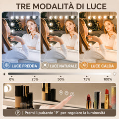 62 * 54 Cm Grande Specchio Hollywood Per Trucco, 17 Lampade LED Dimmerabili, 3 Modalità Di Colore, Smart Touch, Luminosità Regolabile, Alimentazione A Spina, Supporto Bianco