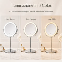 Specchio Trucco 1x/7x con Luce LED, 8" Doppia Faccia Ingranditore, 3 Modalità di Illuminazione, Ricaricabile USB