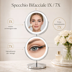 Specchio Trucco 1x/7x con Luce LED, 8" Doppia Faccia Ingranditore, 3 Modalità di Illuminazione, Ricaricabile USB