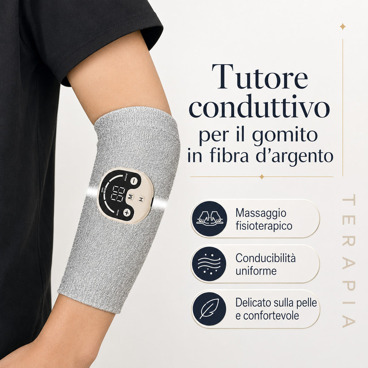 Tutore per Gomito EMS a Ioni d’Argento – Dispositivo Micro Elettrostimolante per Stimolazione Muscolare e Recupero Articolare a Casa