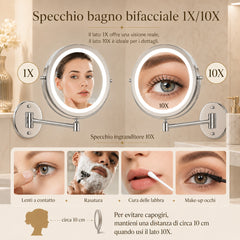 1X/10X Specchio per Trucco da Parete, 8" Specchio Cosmetico Bifacciale per Bagno, Girevole a 360° Estensibile, USB Ricaricabil