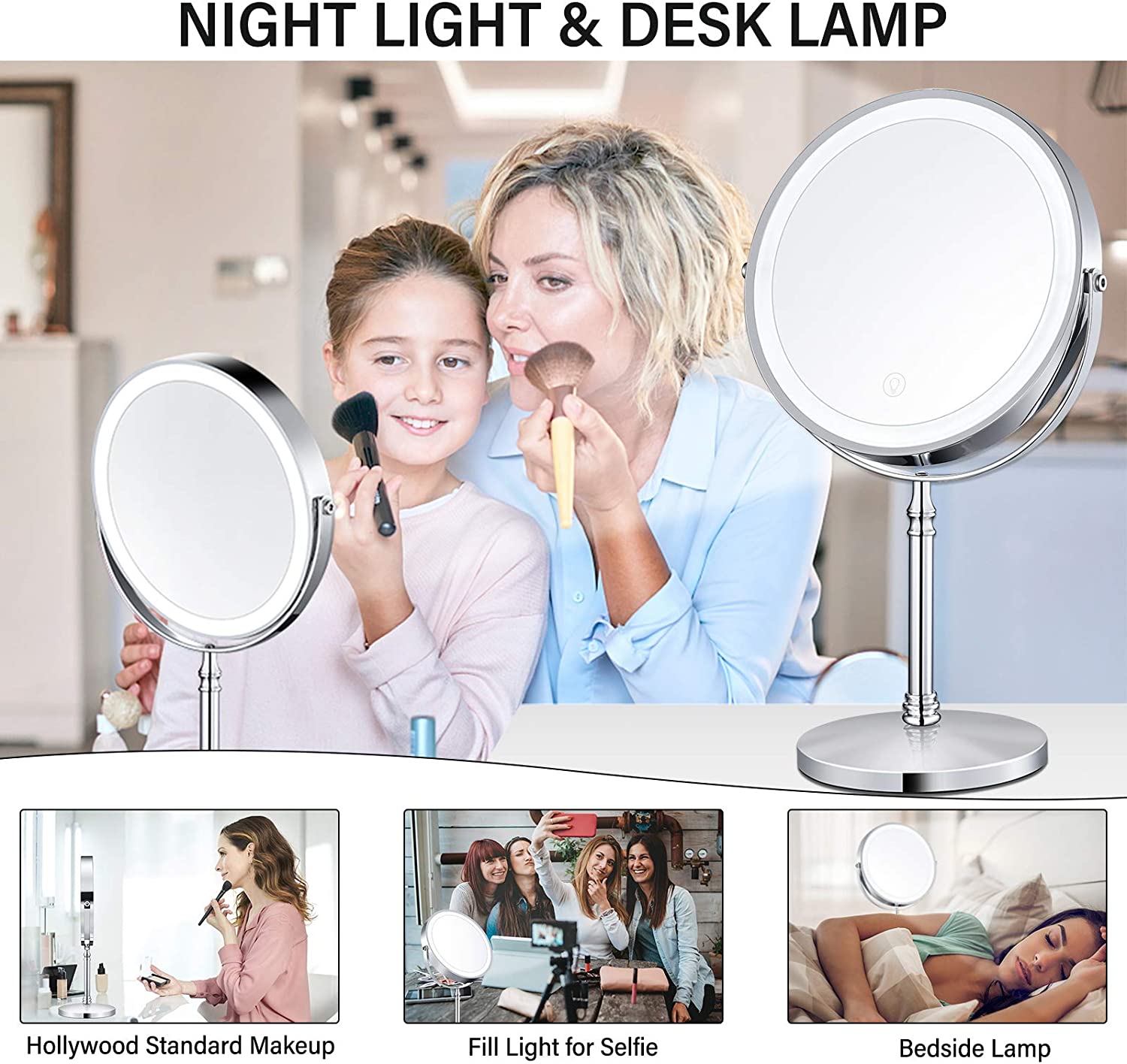 1x/10x Specchio per Trucco LED con Luci, 8" Specchio Cosmetico Bifacciale da Rotazione a 360°, 3 Modalità Luce